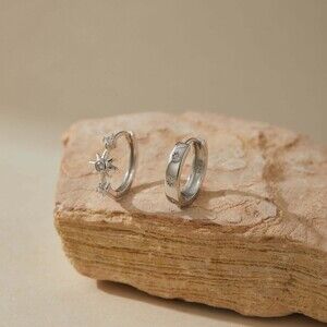 Museori Sterling Silver Starburst Huggie Earrings Mismatched